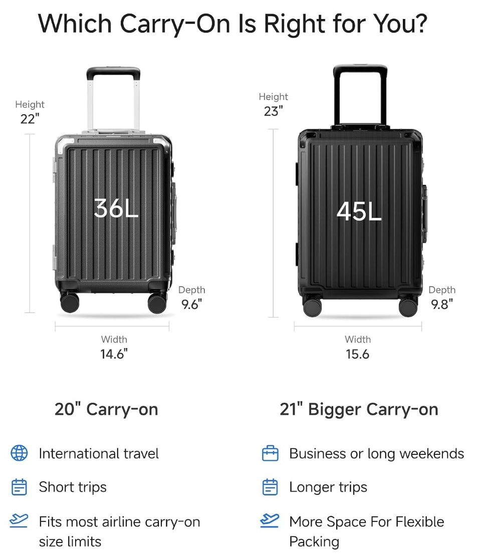 100% polycarbonate hard shell, and reinforced aluminum frame for durable protection and long-term travel use. #LUGGEX 21-inch zipperless bigger carry-on suitcase with aluminum frame and 100% polycarbonate hard shell, TSA locks, and smooth spinner wheels for durable, lightweight travel. 

#color_black #show