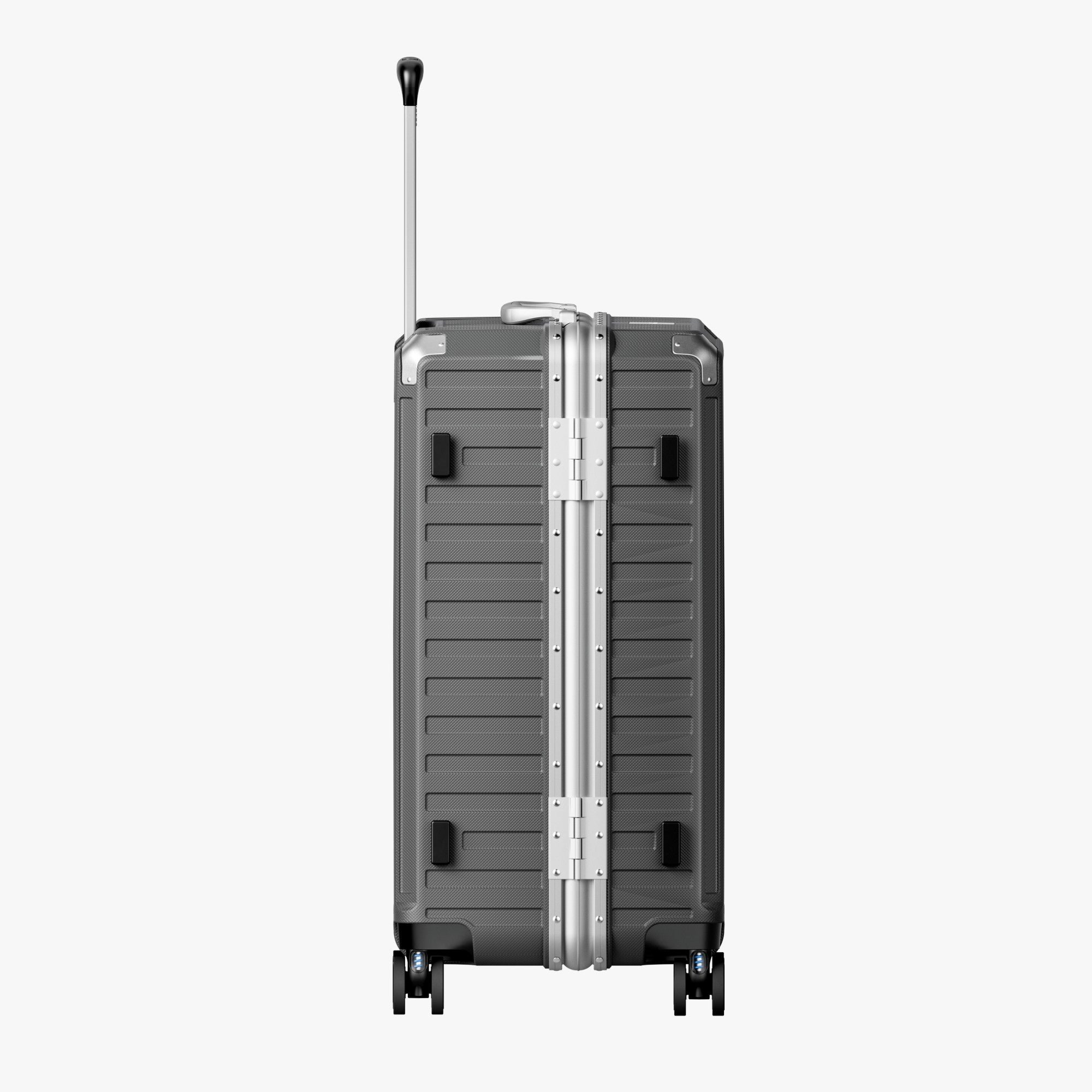 Side view of aluminum frame trunk luggage with a 4:6 trunk structure and protective foot pads that prevent scratches and wear when placed on the ground. 
