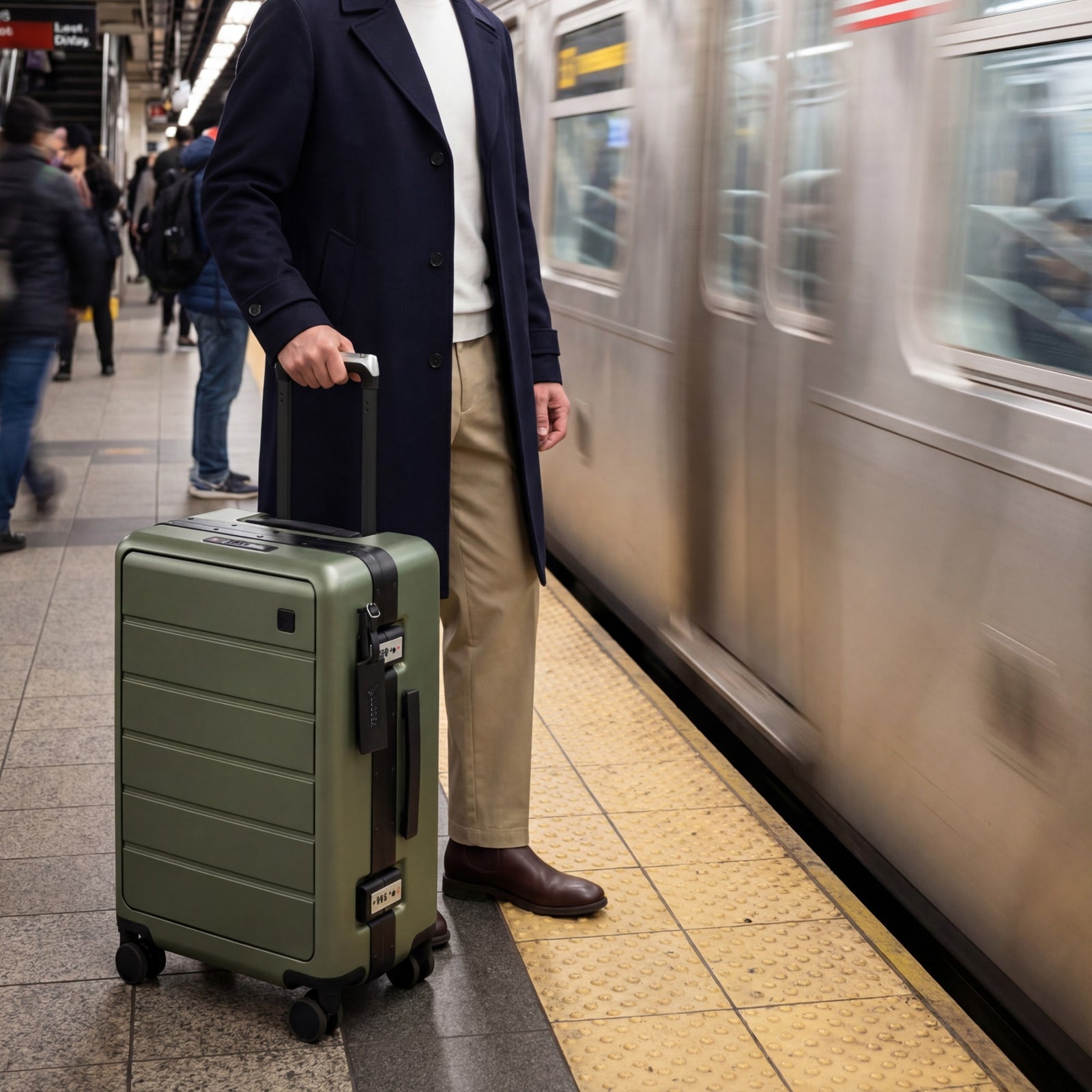 100% polycarbonate hard shell, and reinforced aluminum frame for durable protection and long-term travel use. #LUGGEX zipperless bigger carry-on suitcase with front-open design, 100% polycarbonate hard shell, and aluminum frame for durable, secure, and easy-access travel. #color_olive_green  #show
