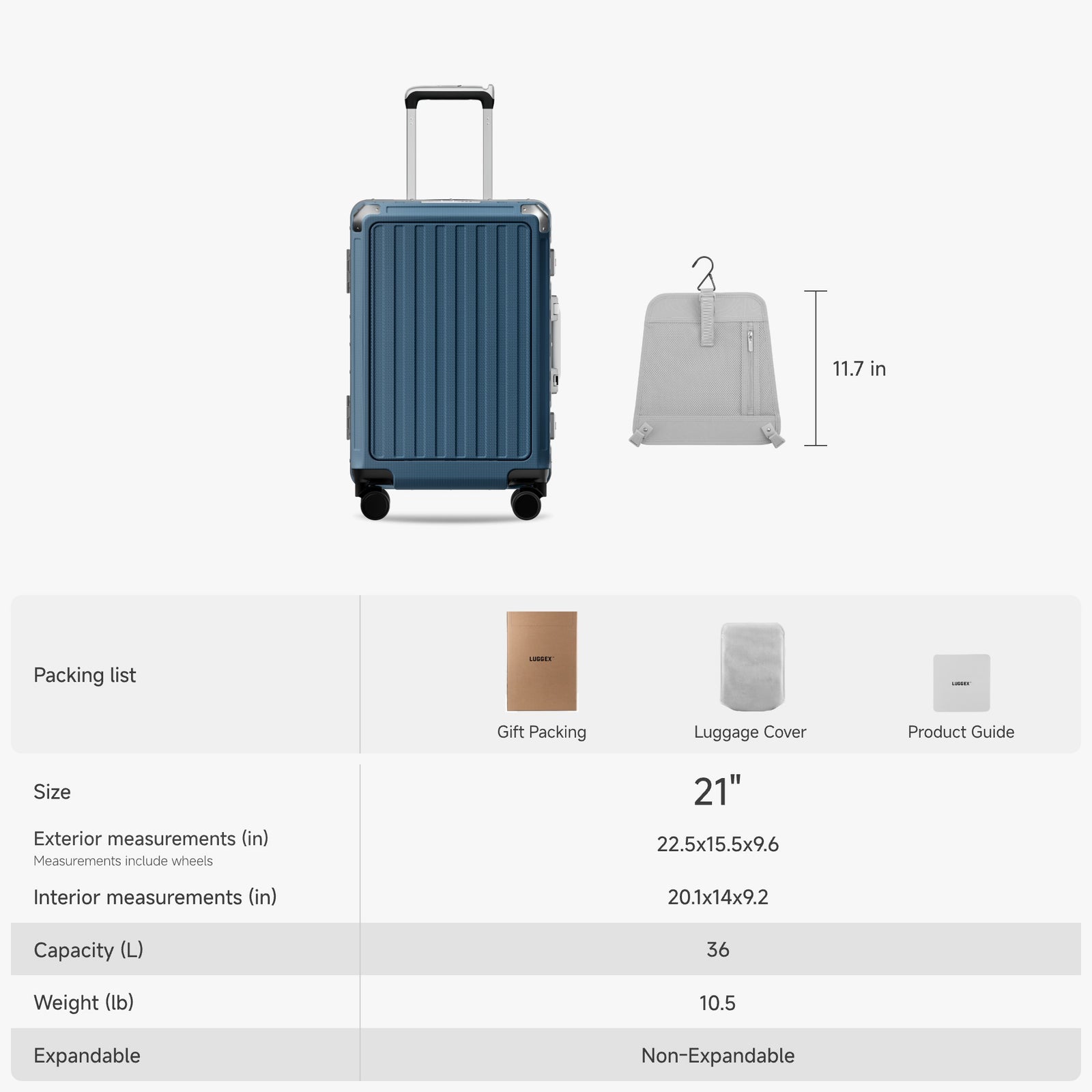 ZX all-in-one bigger carry-on suitcase with size dimensions, interior capacity details, and included accessories such as gift packaging, luggage cover, and product guide #color_blue