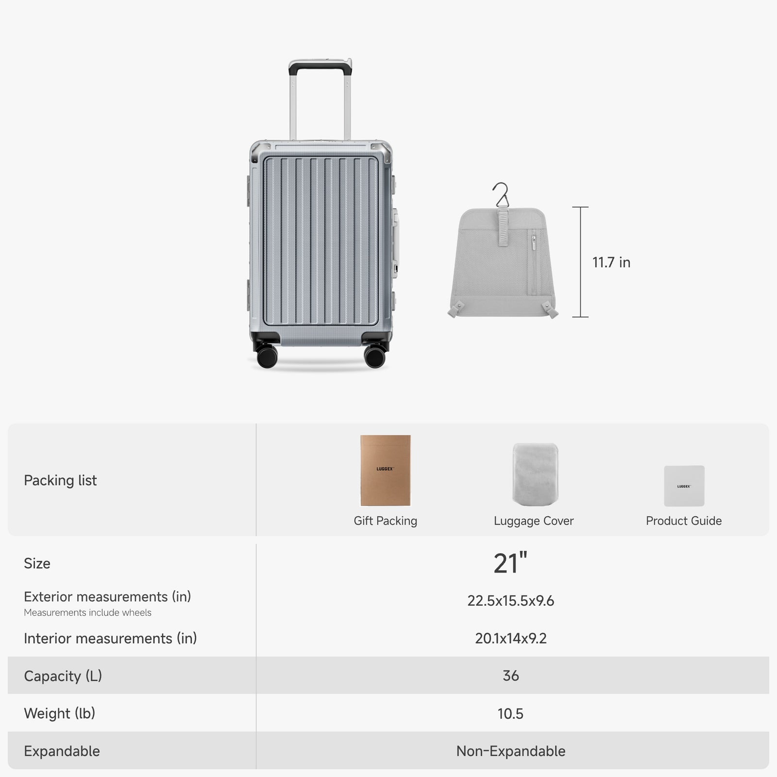 ZX all-in-one bigger carry-on suitcase with size dimensions, interior capacity details, and included accessories such as gift packaging, luggage cover, and product guide#color_sliver_grey