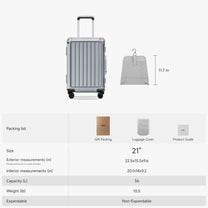 ZX all-in-one bigger carry-on suitcase with size dimensions, interior capacity details, and included accessories such as gift packaging, luggage cover, and product guide#color_sliver_grey