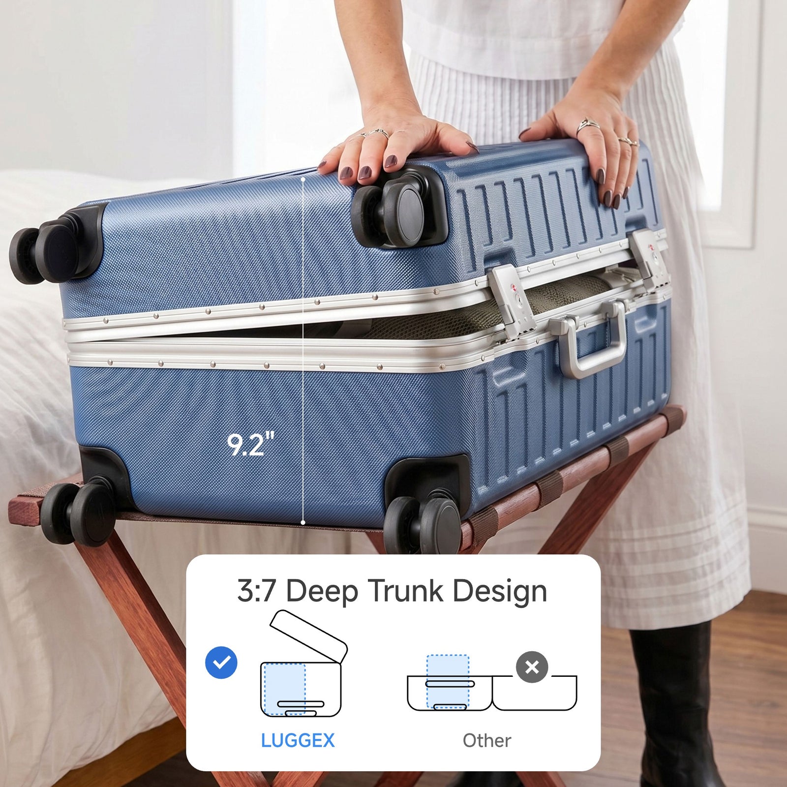 Open view of the LUGGEX 24-inch blue aluminum-frame zipperless check-in suitcase showing upgraded interior with greater flexibility, smarter organization, and a waterproof pocket.
