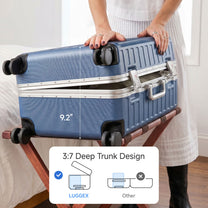 Open view of the LUGGEX 24-inch blue aluminum-frame zipperless check-in suitcase showing upgraded interior with greater flexibility, smarter organization, and a waterproof pocket.
