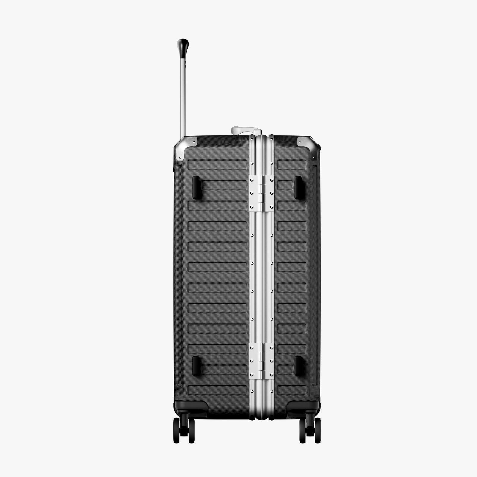 Front view of a check-in suitcase with a 100% polycarbonate shell, designed for lightweight durability and impact resistance. 