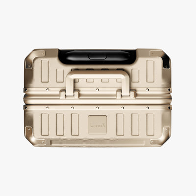 LUGGEX carry-on luggage in silver with silver aluminum frame — front, back, and side views showing zipperless hard shell, TSA lock, and spinner wheels. 