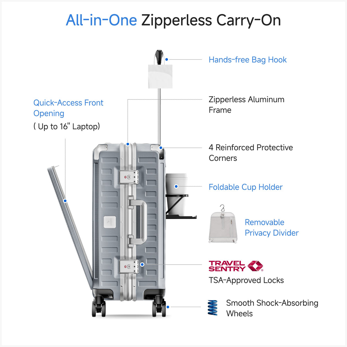 ZX All in One | Bigger Carry On | Zipperless Aluminum Frame & Front Open#color_sliver_grey