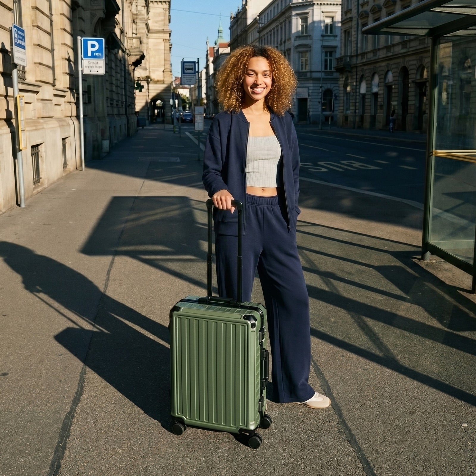 100% polycarbonate hard shell, and reinforced aluminum frame for durable protection and long-term travel use. #LUGGEX 21-inch zipperless bigger carry-on suitcase with aluminum frame and 100% polycarbonate hard shell, TSA locks, and smooth spinner wheels for durable, lightweight travel. #color_olive_green #show