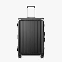 LUGGEX Zipperless aluminum 28-inch check-in luggage with a 4-stage adjustable handle, reinforced corners, dual TSA-approved locks, removable privacy divider, and shock-absorbing spinner wheels. 