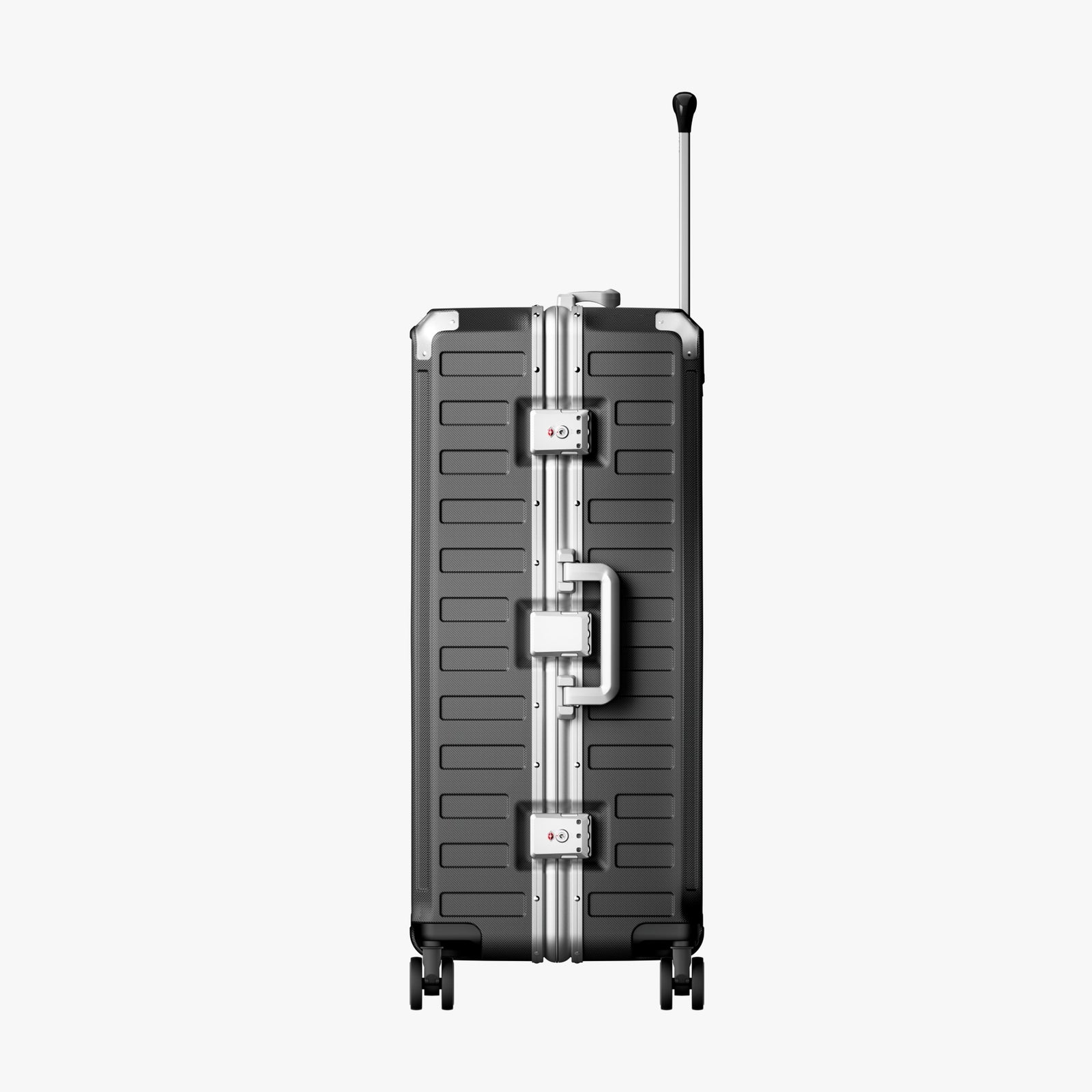 LUGGEX Zipperless aluminum 28-inch check-in luggage with a 4-stage adjustable handle, reinforced corners, dual TSA-approved locks, removable privacy divider, and shock-absorbing spinner wheels. 