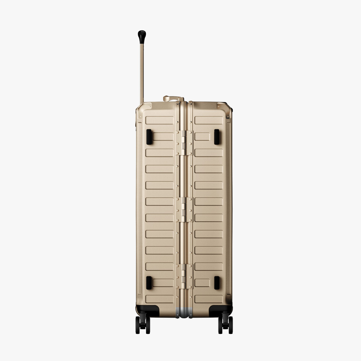 LUGGEX carry-on luggage in silver with silver aluminum frame — front, back, and side views showing zipperless hard shell, TSA lock, and spinner wheels. 