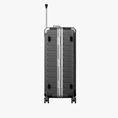 LUGGEX Zipperless aluminum 28-inch check-in luggage with a 4-stage adjustable handle, reinforced corners, dual TSA-approved locks, removable privacy divider, and shock-absorbing spinner wheels. 