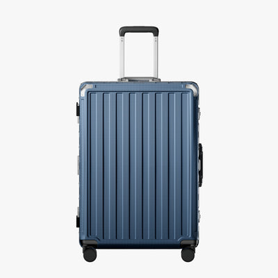 LUGGEX Zipperless aluminum 28-inch check-in luggage with a 4-stage adjustable handle, reinforced corners, dual TSA-approved locks, removable privacy divider, and shock-absorbing spinner wheels. 