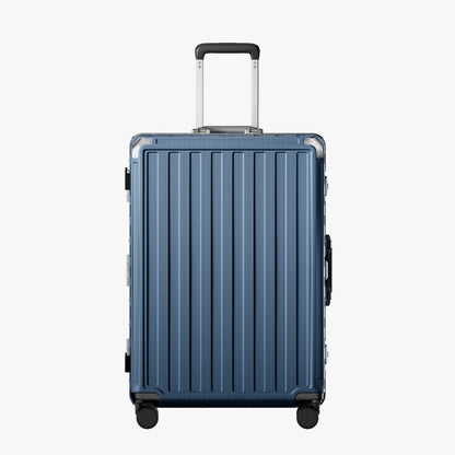 LUGGEX Zipperless aluminum 28-inch check-in luggage with a 4-stage adjustable handle, reinforced corners, dual TSA-approved locks, removable privacy divider, and shock-absorbing spinner wheels. 