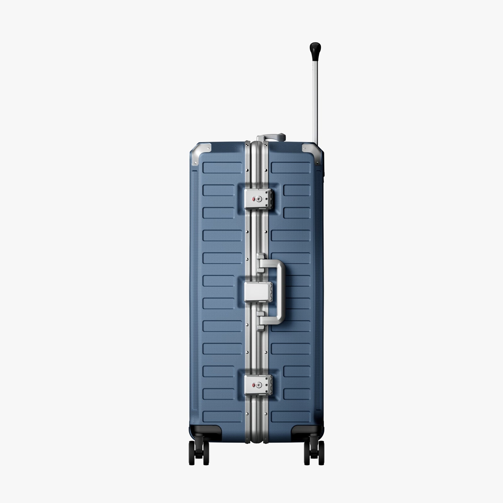 LUGGEX Zipperless aluminum 28-inch check-in luggage with a 4-stage adjustable handle, reinforced corners, dual TSA-approved locks, removable privacy divider, and shock-absorbing spinner wheels. #color_blue