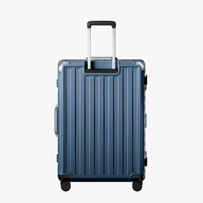 LUGGEX Zipperless aluminum 28-inch check-in luggage with a 4-stage adjustable handle, reinforced corners, dual TSA-approved locks, removable privacy divider, and shock-absorbing spinner wheels. 
