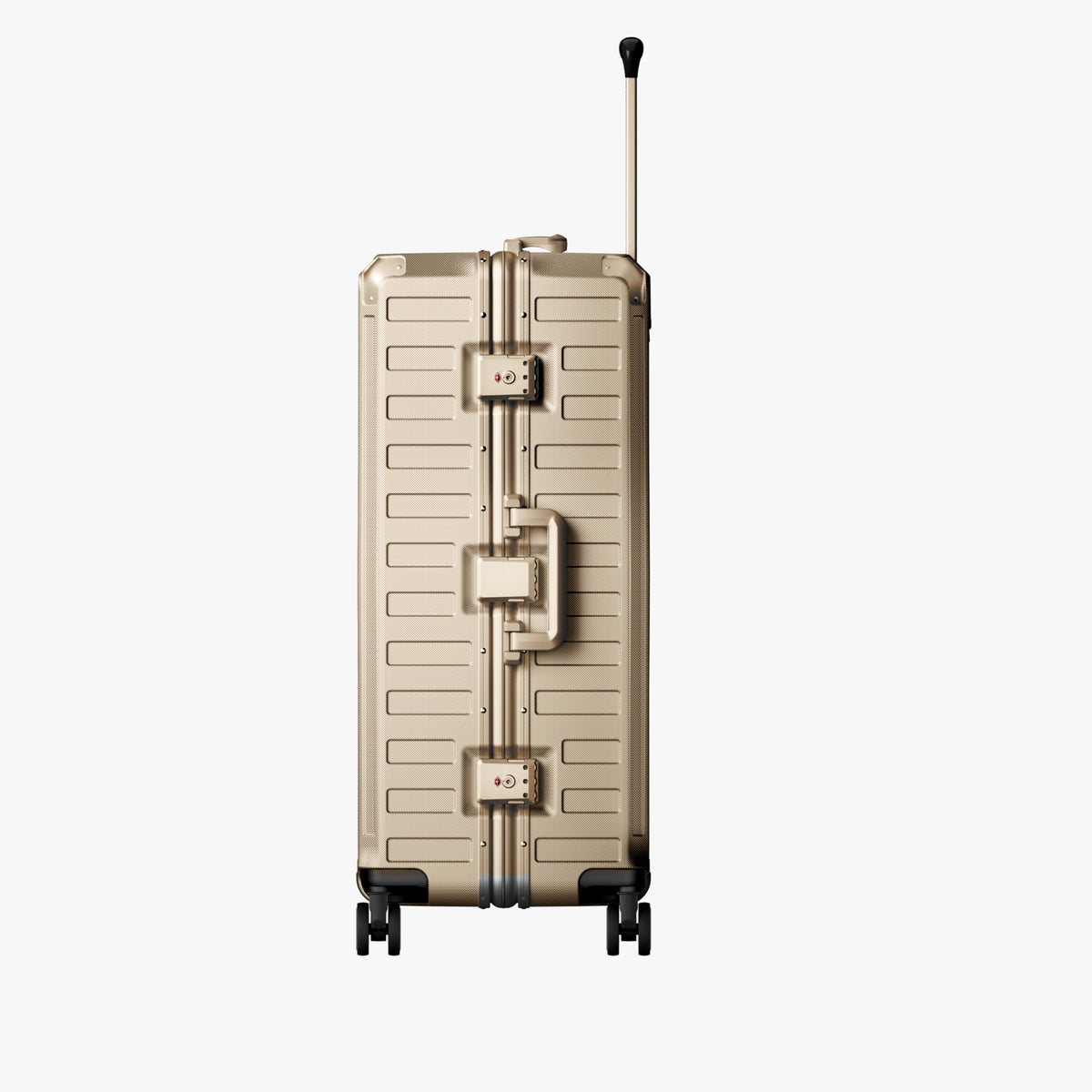 LUGGEX carry-on luggage in silver with silver aluminum frame — front, back, and side views showing zipperless hard shell, TSA lock, and spinner wheels. 