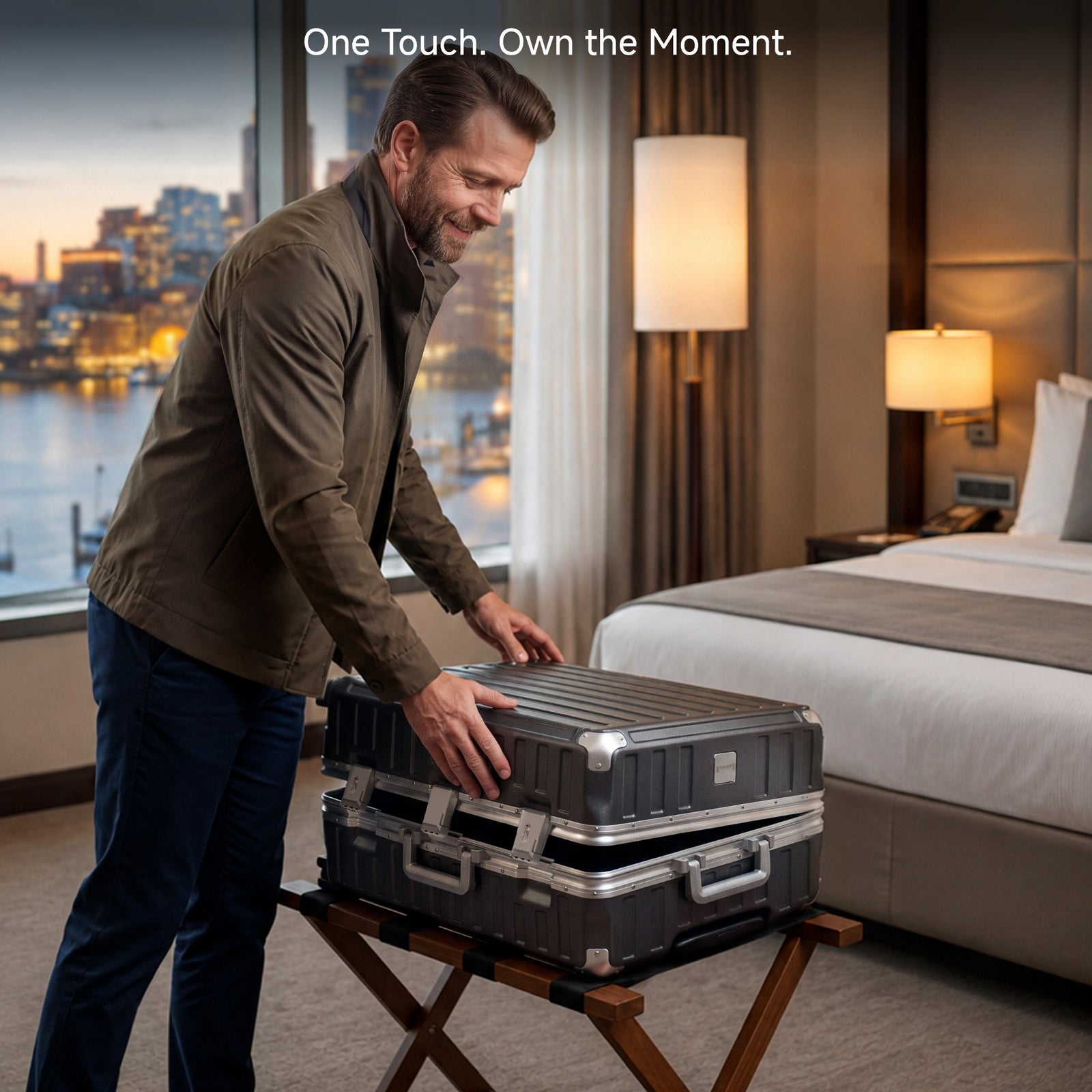 Man smiling while opening a LUGGEX hardshell luggage in a luxury hotel room with city skyline view at dusk. Tagline: "One Touch. Own the Moment."#color_charcoal