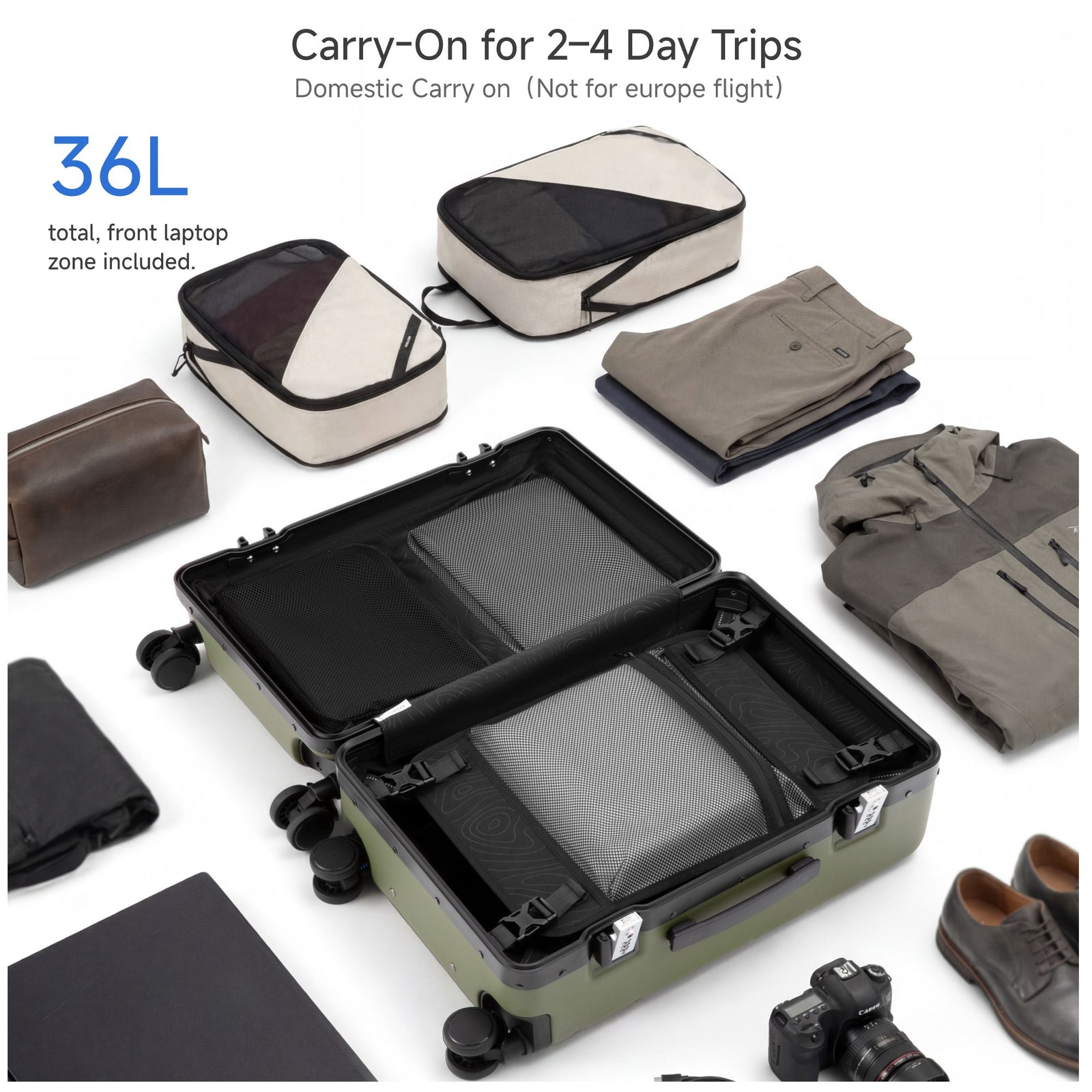 100% polycarbonate hard shell, and reinforced aluminum frame for durable protection and long-term travel use. #LUGGEX zipperless bigger carry-on suitcase with front-open design, 100% polycarbonate hard shell, and aluminum frame for durable, secure, and easy-access travel. #color_olive_green  #show
