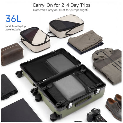 100% polycarbonate hard shell, and reinforced aluminum frame for durable protection and long-term travel use. #LUGGEX zipperless bigger carry-on suitcase with front-open design, 100% polycarbonate hard shell, and aluminum frame for durable, secure, and easy-access travel. #color_olive_green  #show