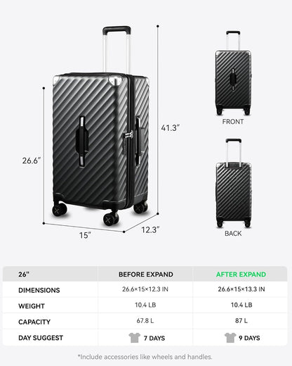 Checked luggage size 28-inch, TSA-approved expandable suitcase for airline travel, meets carry-on requirements, durable spinner wheels and reinforced corners

