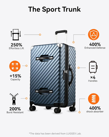Checked luggage with 250% easier lift mechanism, 400% reinforced defense, +15% expanded space, and 4 ergonomic handles. Built 200% tougher with 400% improved impact absorption for airport travel and boarding durability.
