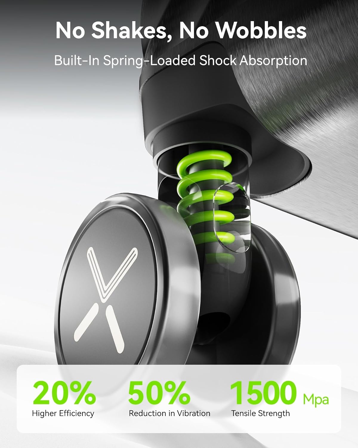 Checked luggage wheel with spring-loaded shock absorption system, close-up of durable travel gear mechanism
#color_black