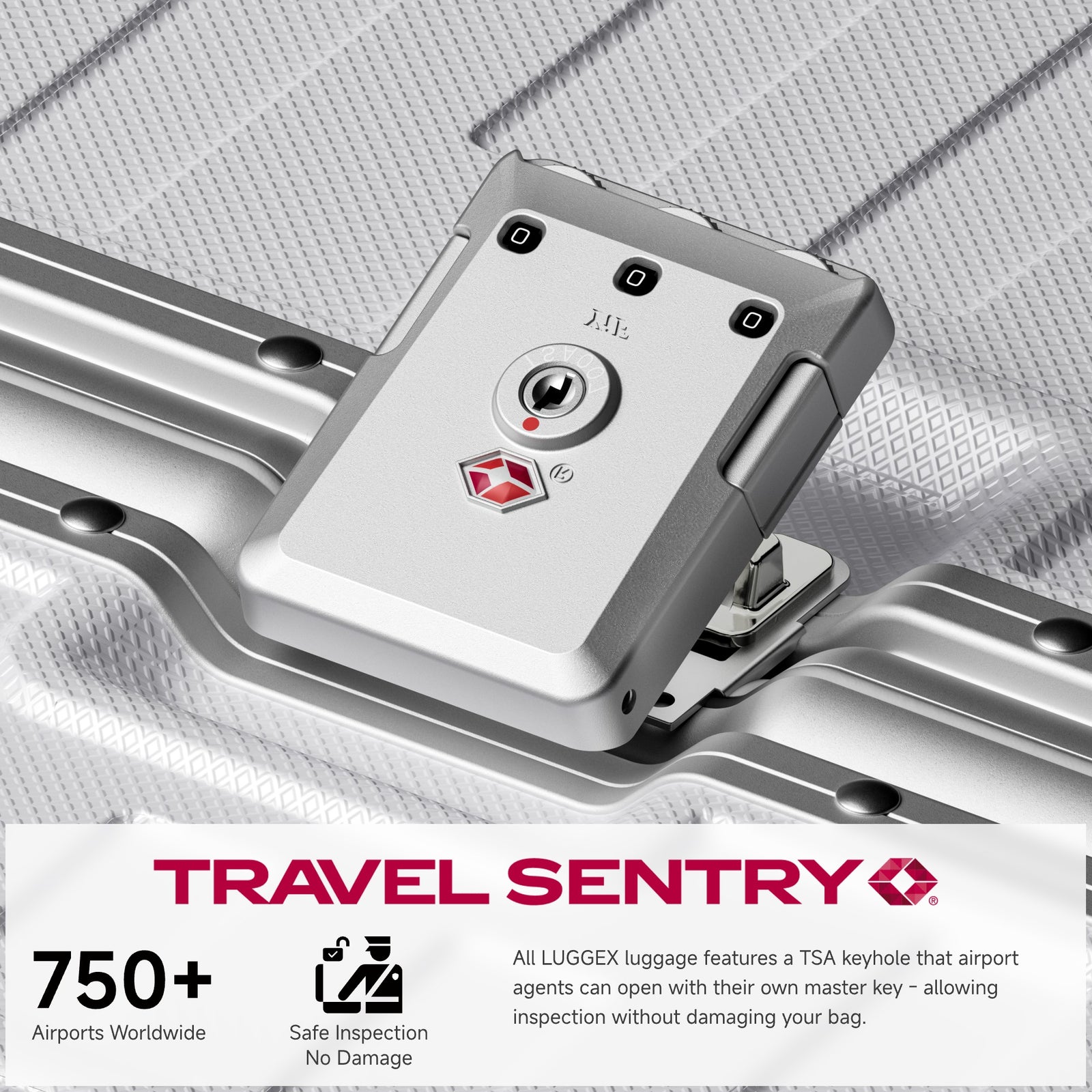 Side view of 24'' aluminum frame trunk luggage with a 4:6 trunk structure and protective foot pads that prevent scratches and wear when placed on the ground.  