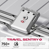 Side view of 24'' aluminum frame trunk luggage with a 4:6 trunk structure and protective foot pads that prevent scratches and wear when placed on the ground.  