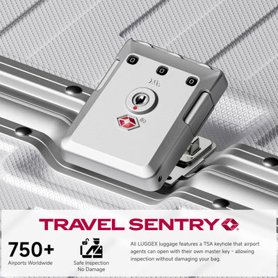 Side view of 24'' aluminum frame trunk luggage with a 4:6 trunk structure and protective foot pads that prevent scratches and wear when placed on the ground.  