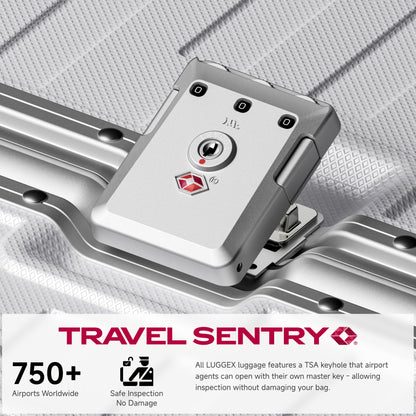 Side view of 24'' aluminum frame trunk luggage with a 4:6 trunk structure and protective foot pads that prevent scratches and wear when placed on the ground.  