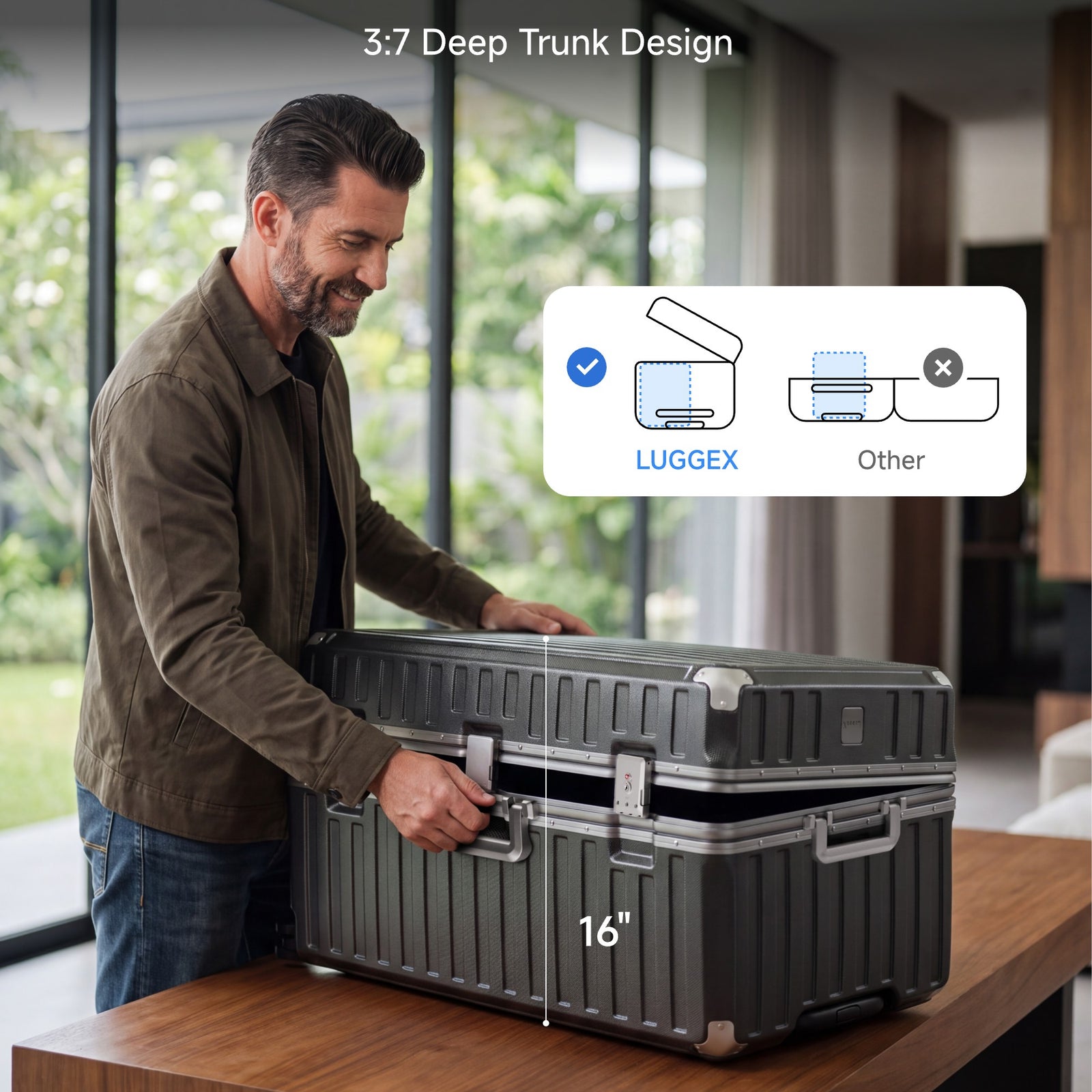 Man opening a LUGGEX 32-inch black zipperless aluminum frame trunk luggage on a table, featuring 3:7 deep trunk design with 16-inch deep main compartment, compared to standard equal-split suitcases.#color_charcoal #show