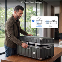 Man opening a LUGGEX 32-inch black zipperless aluminum frame trunk luggage on a table, featuring 3:7 deep trunk design with 16-inch deep main compartment, compared to standard equal-split suitcases.#color_charcoal #show