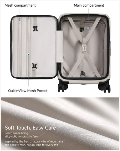 Interior view of LUGGEX FLO Lite beige 20-inch carry-on luggage showing mesh pocket, main compartment with straps, and soft-touch peach suede lining.
