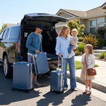 LUGGEX ZX Family 3-piece zipperless aluminum frame luggage set in Blue for family travel. 