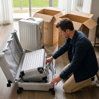 Packing scene with LUGGEX ZX Family 3-piece zipperless aluminum frame luggage set in Silver Gray. 