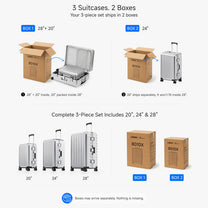 Size comparison chart for LUGGEX ZX Family 3-piece luggage set in Charcoal, including 20, 24, and 28 inch suitcases. 