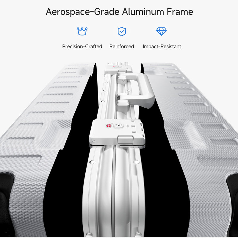 Aerospace-grade aluminum frame detail for LUGGEX ZX zipperless luggage set in Silver Gray. 