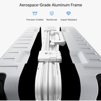 Aerospace-grade aluminum frame detail for LUGGEX ZX zipperless luggage set in Silver Gray. 
