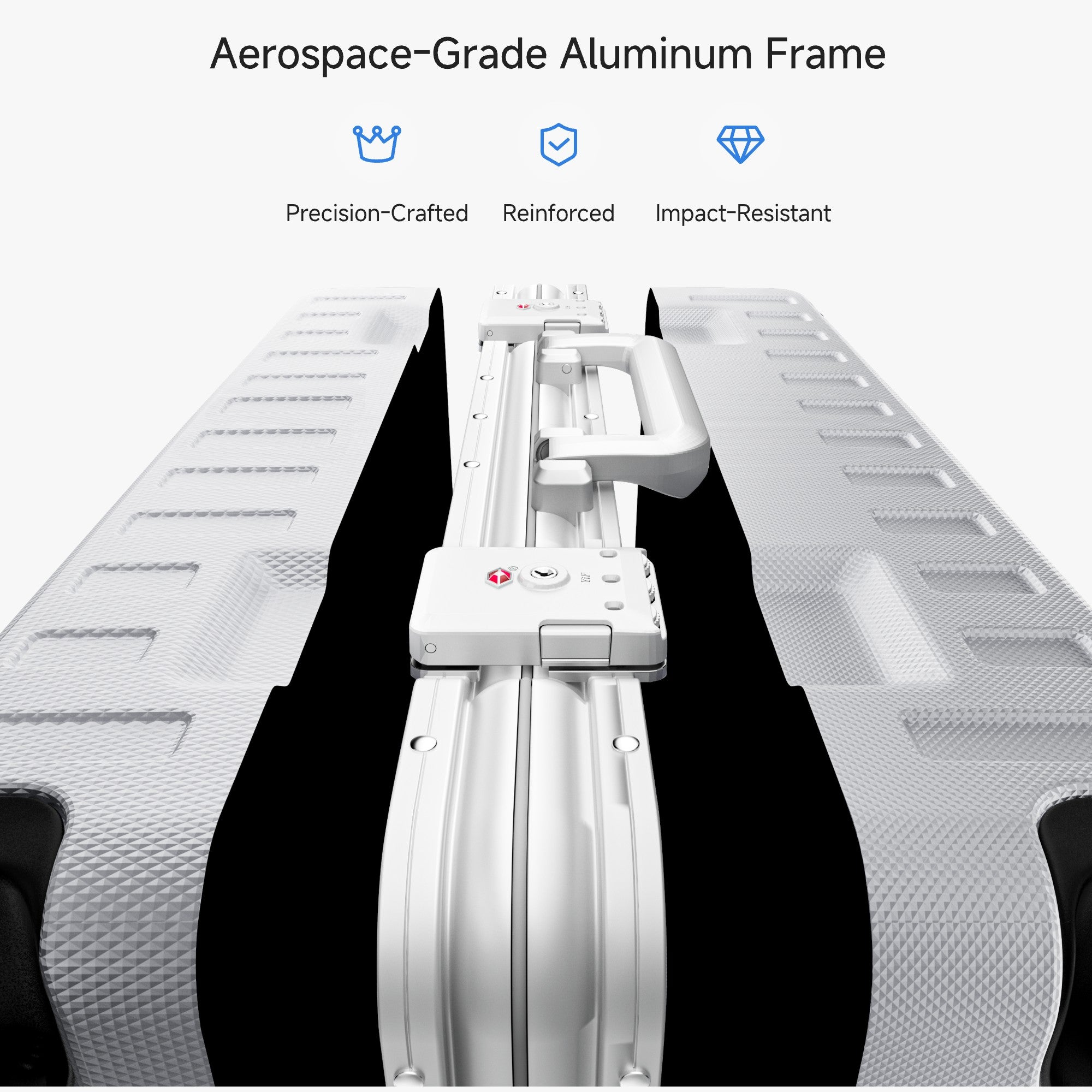 Aerospace-grade aluminum frame detail for LUGGEX ZX zipperless luggage set in Silver Gray. 