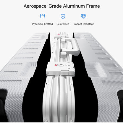 Aerospace-grade aluminum frame detail for LUGGEX ZX zipperless luggage set in Silver Gray. 