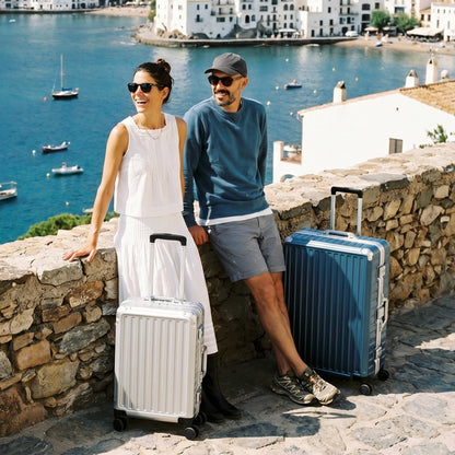 LUGGEX ZX zipperless aluminum frame suitcase in Charcoal shown with travel lifestyle use. 