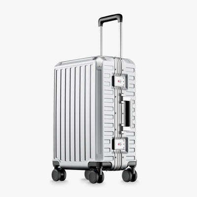 Front view of a carry-on suitcase with a 100% polycarbonate shell, designed for lightweight durability and impact resistance. "Cabin-Ready · 1–4 Days"#show #color_sliver_grey