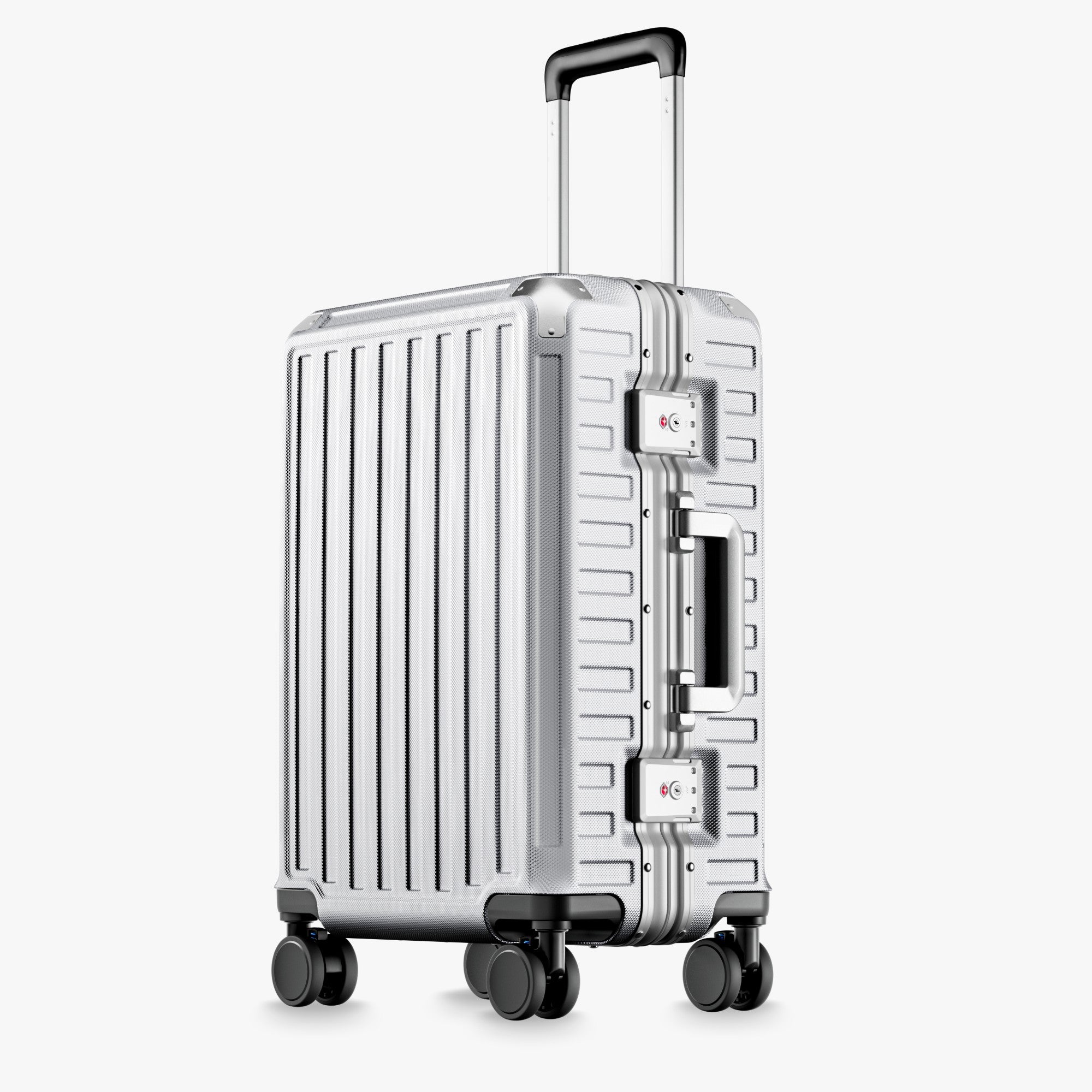 Front view of a carry-on suitcase with a 100% polycarbonate shell, designed for lightweight durability and impact resistance. #show #color_sliver_grey