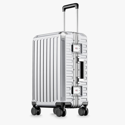 Front view of a carry-on suitcase with a 100% polycarbonate shell, designed for lightweight durability and impact resistance. #show #color_sliver_grey