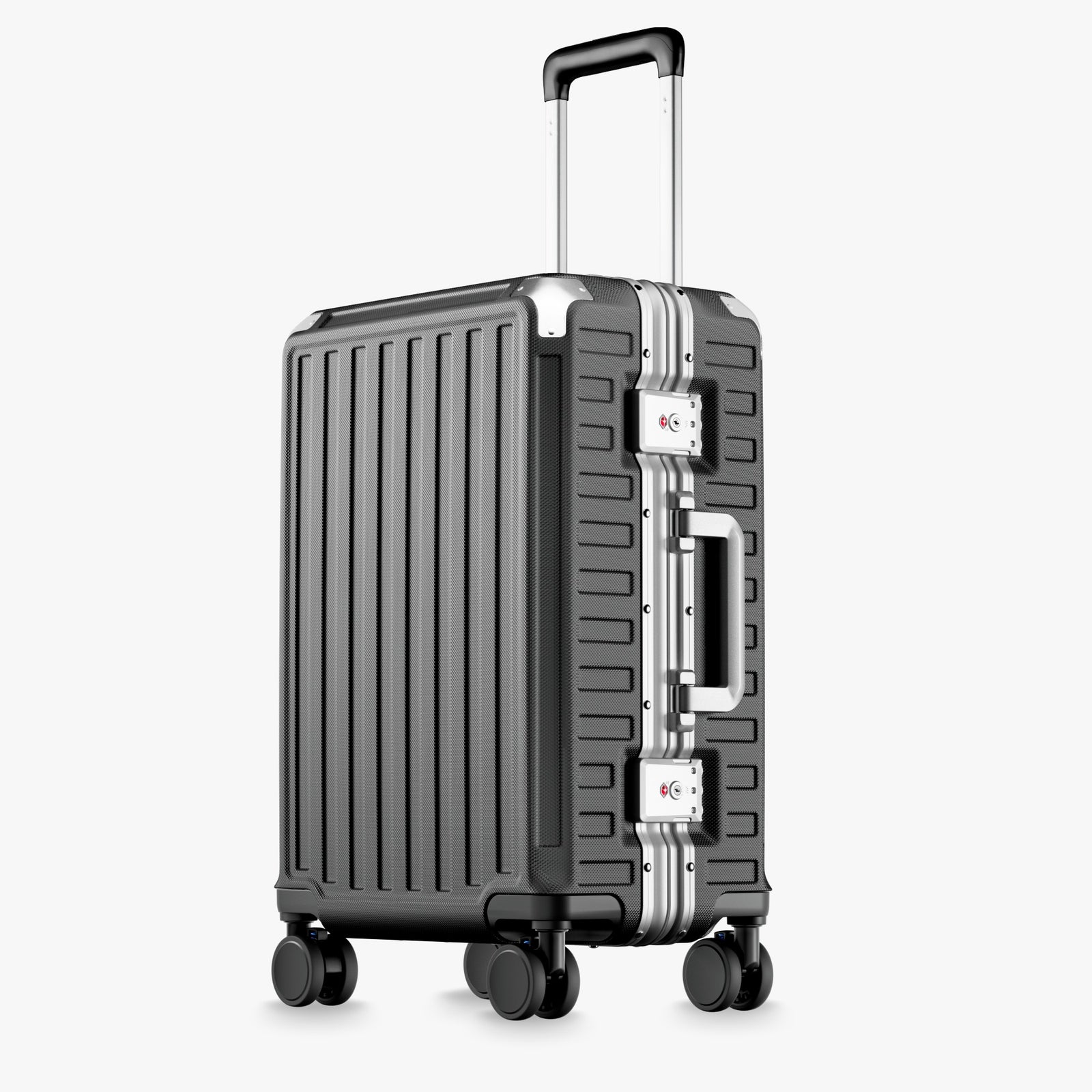 LUGGEX luggage feature diagram highlighting 3-stage adjustable handle, zipperless aluminum frame, 4 reinforced corners, 2 TSA-approved locks, removable privacy divider, and shock-absorbing spinner wheels#color_charcoal