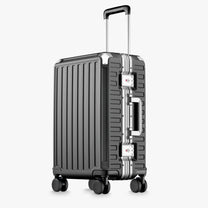 LUGGEX luggage feature diagram highlighting 3-stage adjustable handle, zipperless aluminum frame, 4 reinforced corners, 2 TSA-approved locks, removable privacy divider, and shock-absorbing spinner wheels#color_charcoal