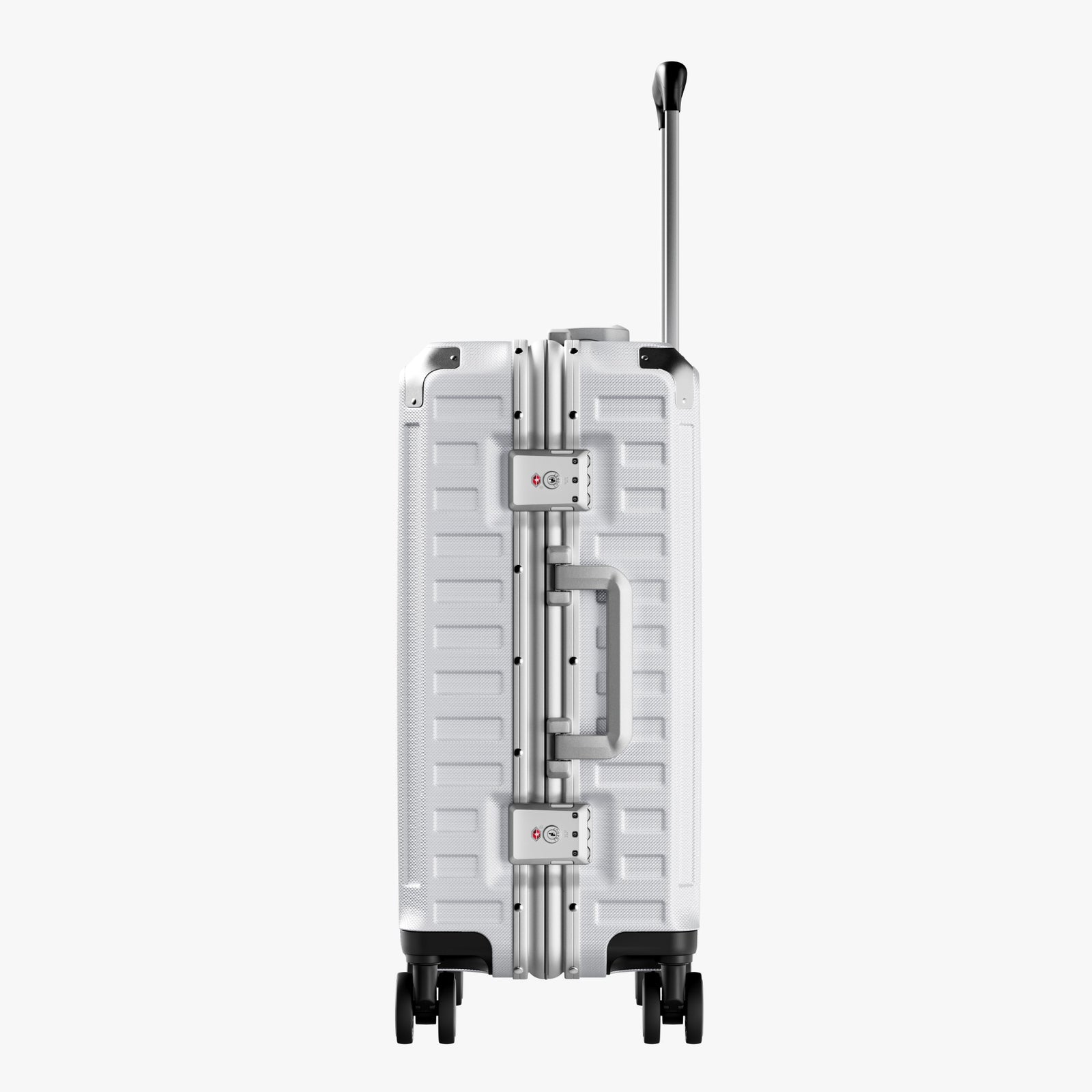 Side view of aluminum frame luggage with protective foot pads that elevate the shell and prevent scratches when the suitcase is placed on the ground. #show #color_sliver_grey