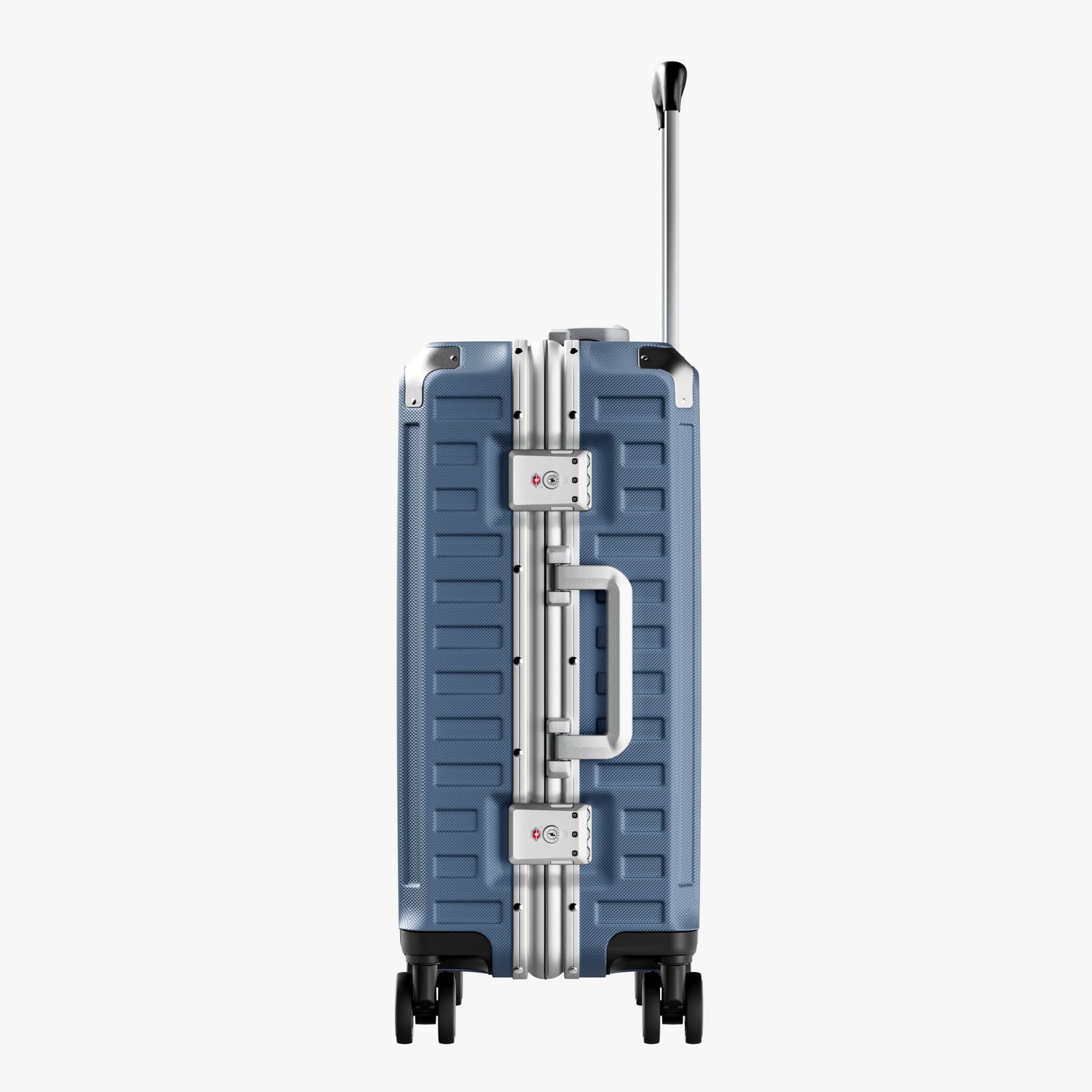 Side view of aluminum frame luggage with protective foot pads that elevate the shell and prevent scratches when the suitcase is placed on the ground. #show #color_blue