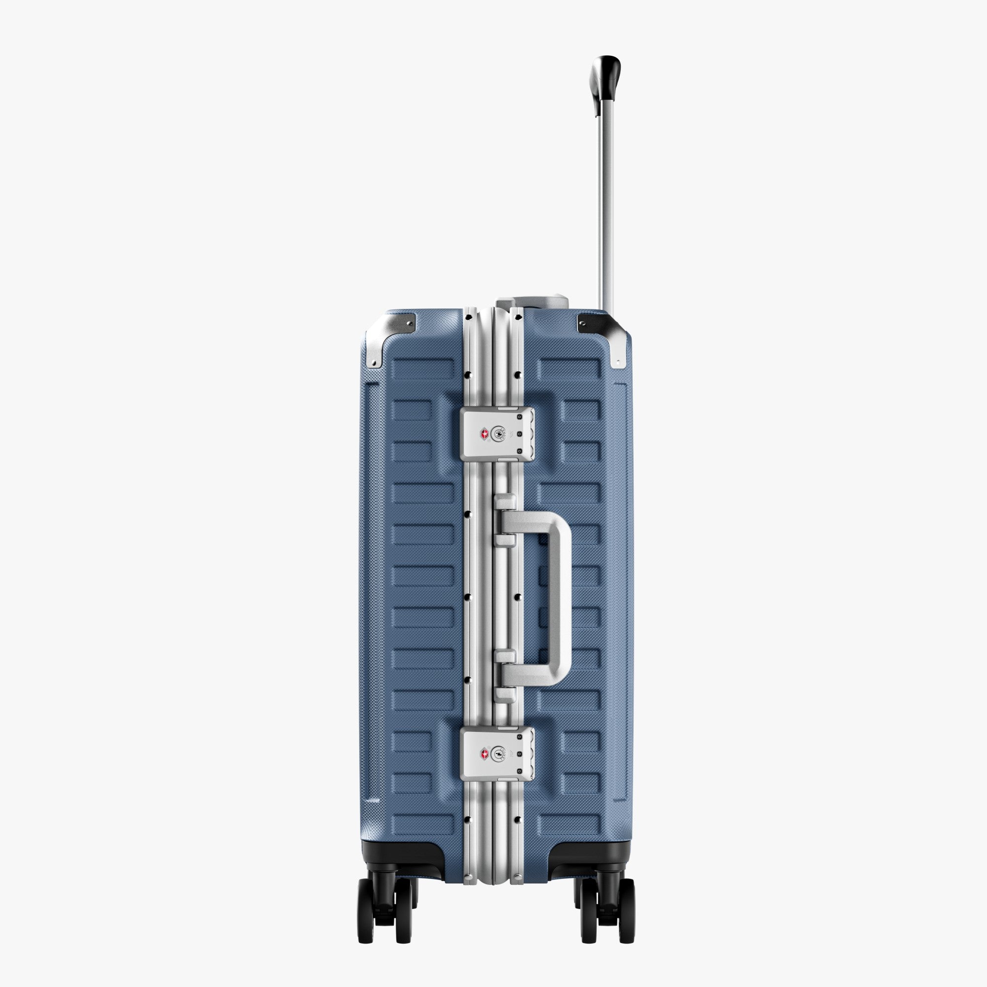 Side view of aluminum frame luggage with protective foot pads that elevate the shell and prevent scratches when the suitcase is placed on the ground. #show #color_blue